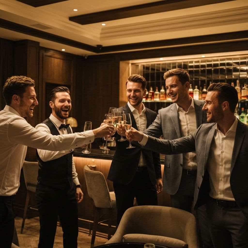 Grupa mężczyzn świętująca wieczór kawalerski - przyjaciele bawią się razem