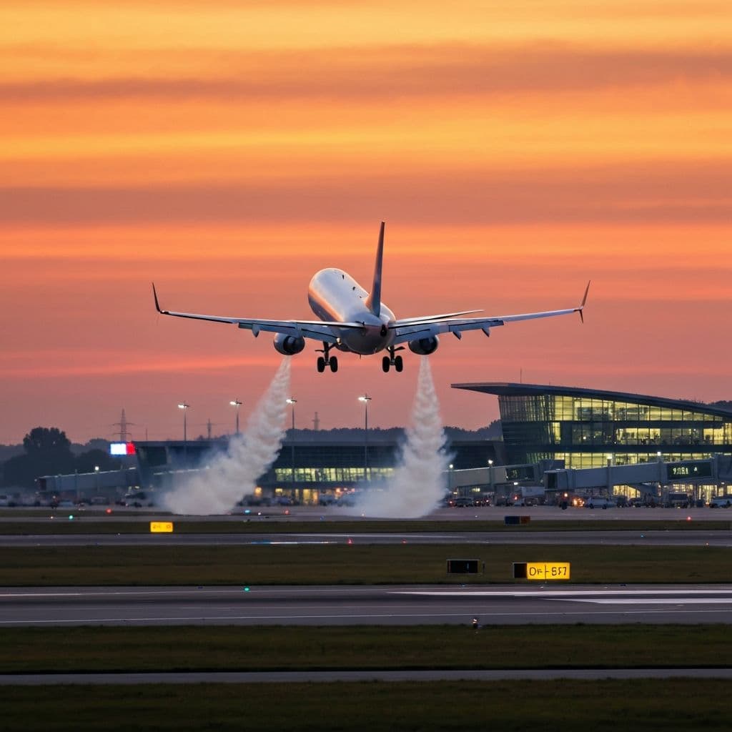 Samolot startujący z lotniska o zachodzie słońca - tanie bilety lotnicze i oszczędzanie