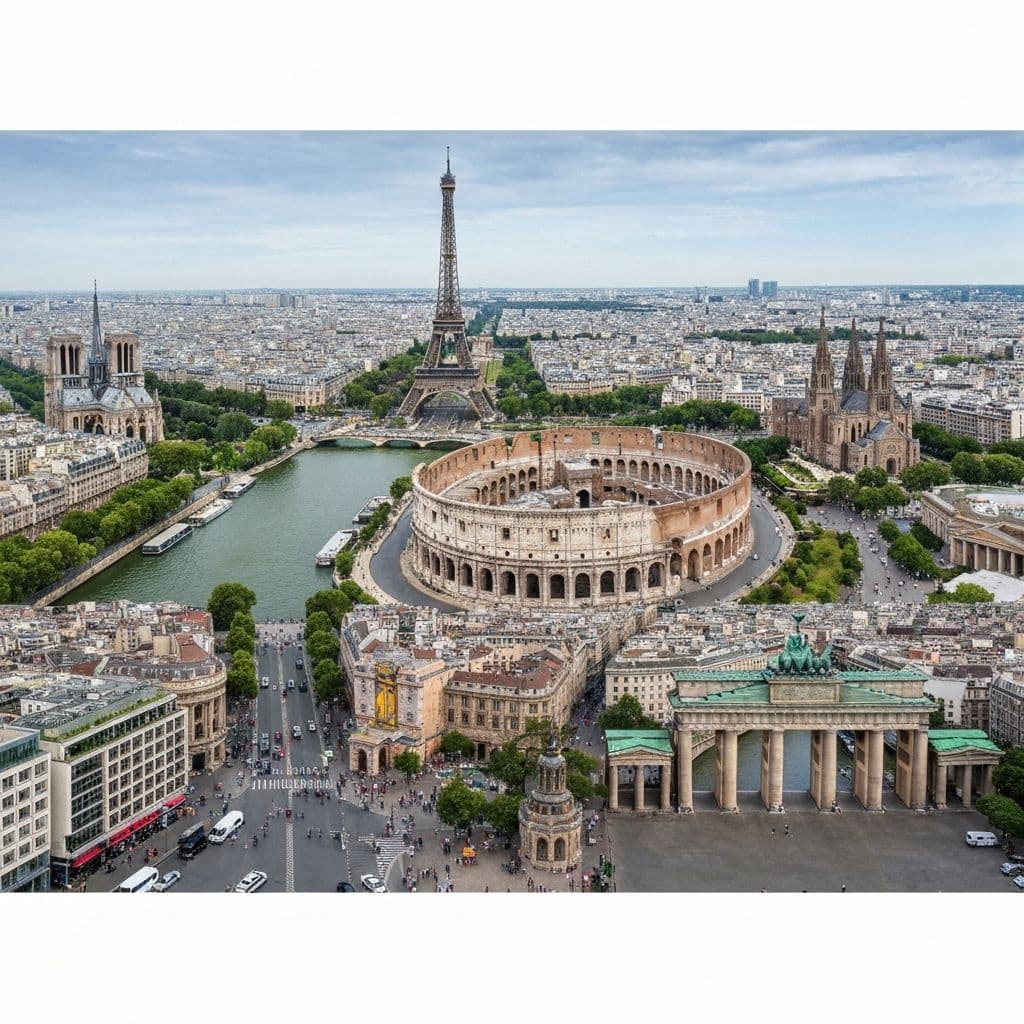 Widok na europejskie miasto z kawiarnianym stoliem na pierwszym planie - city break weekend