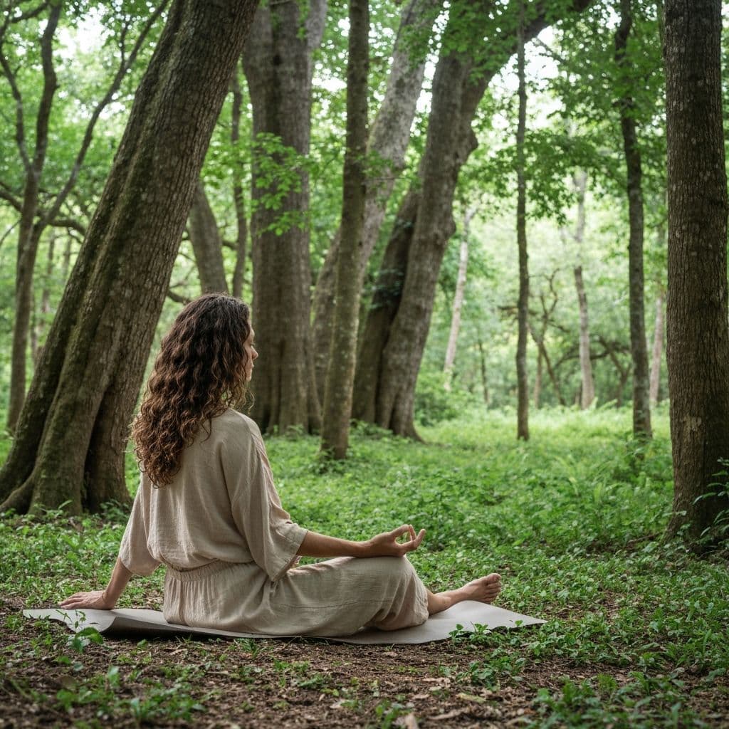 Osoba medytująca w lesie z dala od technologii - digital detox i odnowa w naturze