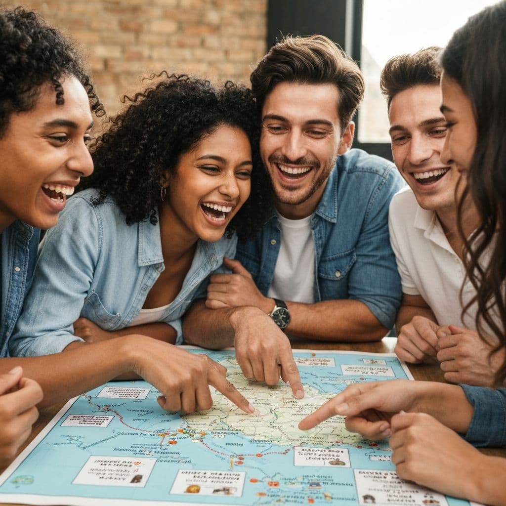 Grupa przyjaciół z plecakami patrząca na mapę podczas wspólnej podróży