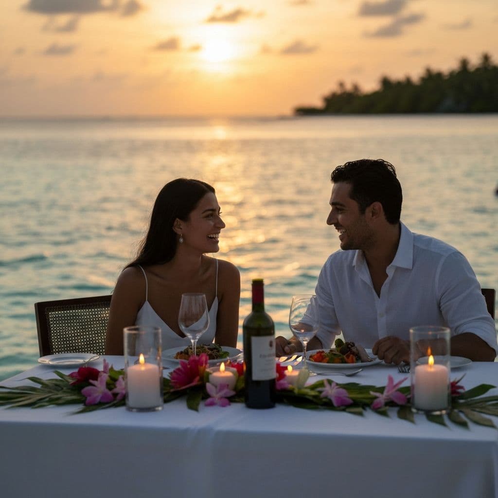 Romantyczna plaża o zachodzie słońca z kieliszkami szampana - idealna podróż poślubna