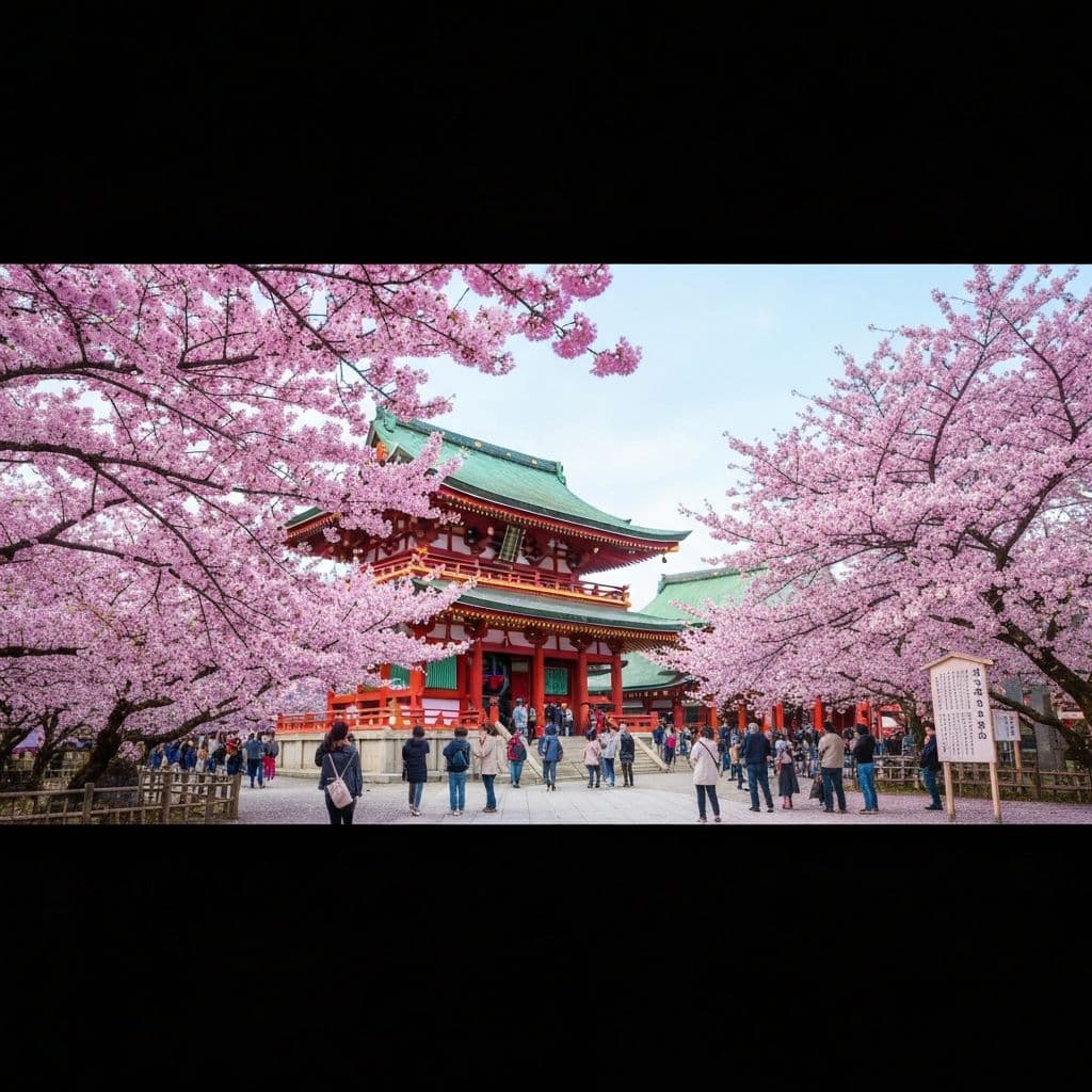 Kwitnące drzewa wiśni sakura w Japonii podczas festiwalu Hanami - różowe płatki nad parkiem