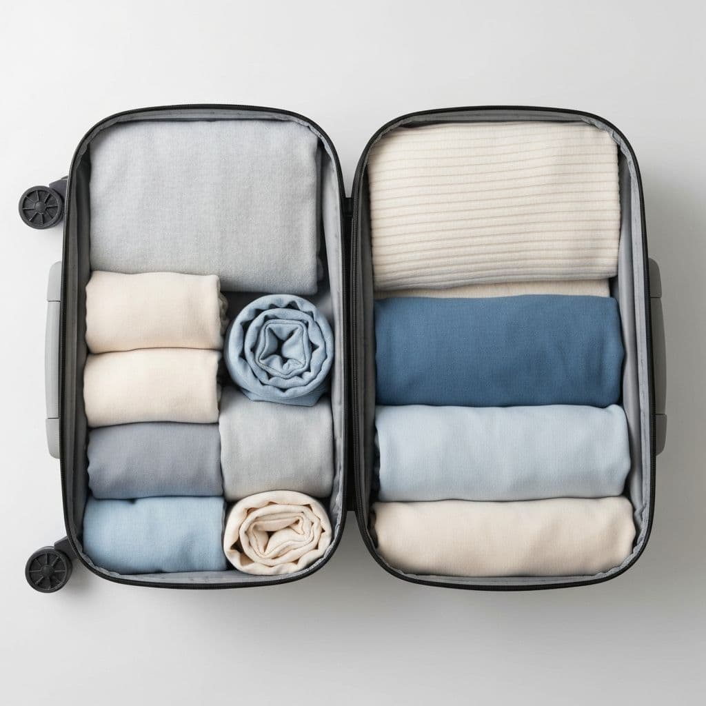 Starannie spakowana walizka z ubraniami i akcesoriami podróżnymi - lista pakowania