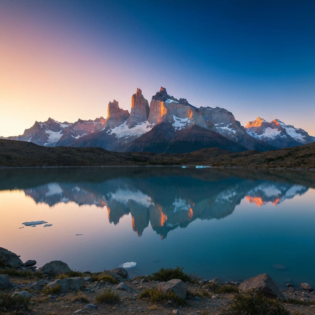 Majestatyczne szczyty Torres del Paine w Patagonii o wschodzie słońca - trekking na końcu świata
