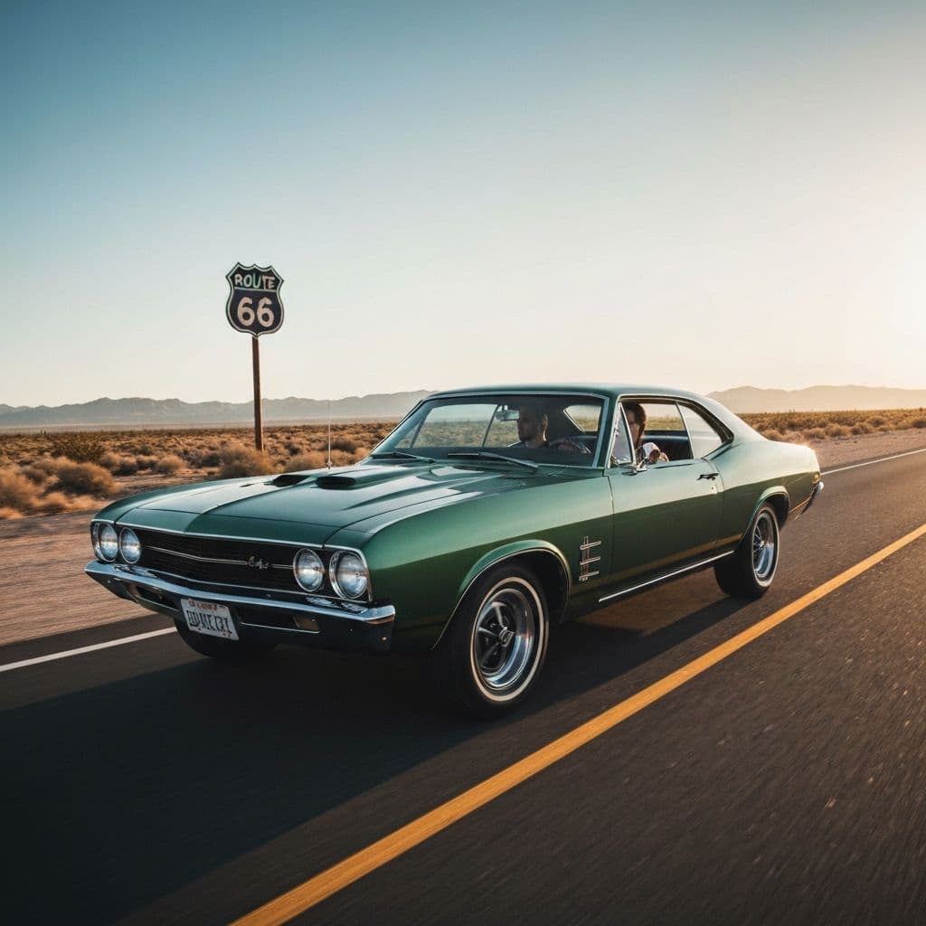 Klasyczny amerykański samochód na Route 66 z pustynnym krajobrazem w tle - road trip USA