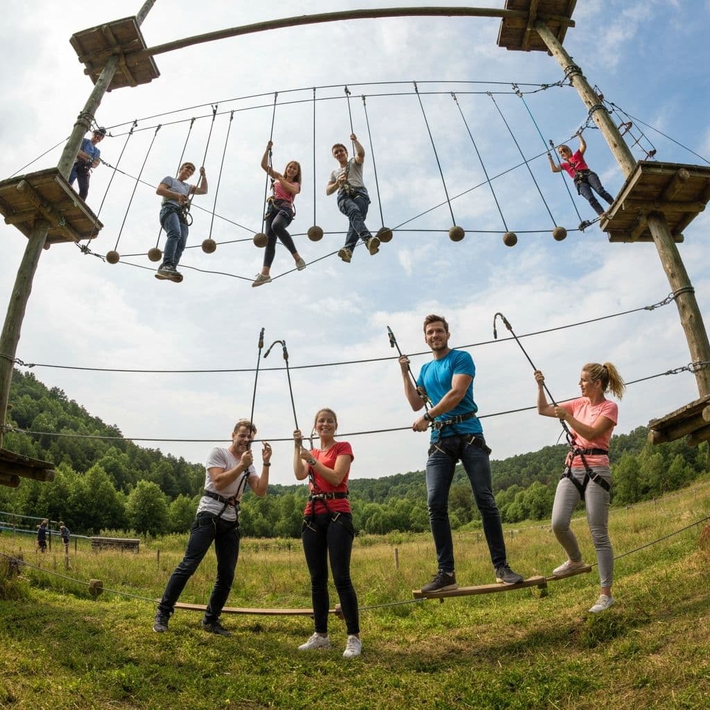 Zespół firmowy podczas aktywności team building na świeżym powietrzu - wyjazd integracyjny