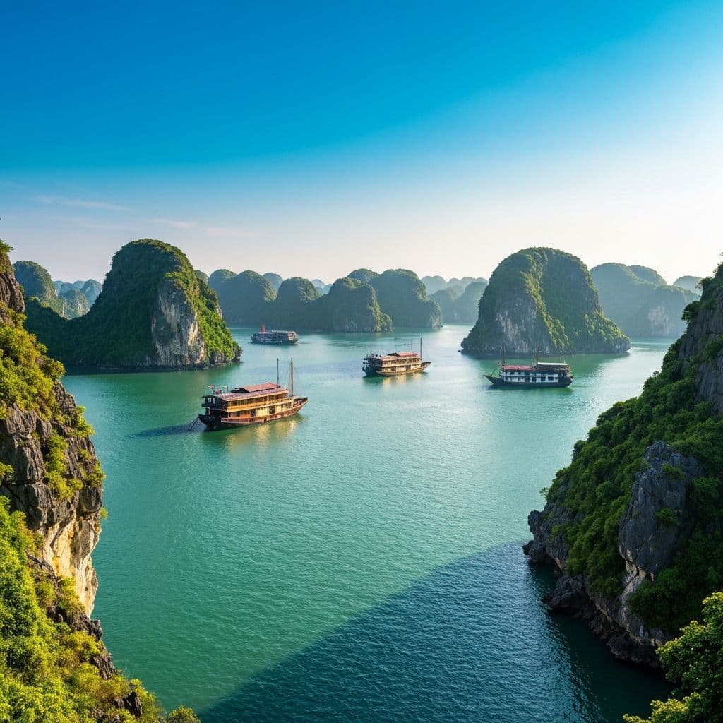 Tradycyjna łódź na wodach Zatoki Ha Long w Wietnamie - skały wapienne i turkusowa woda