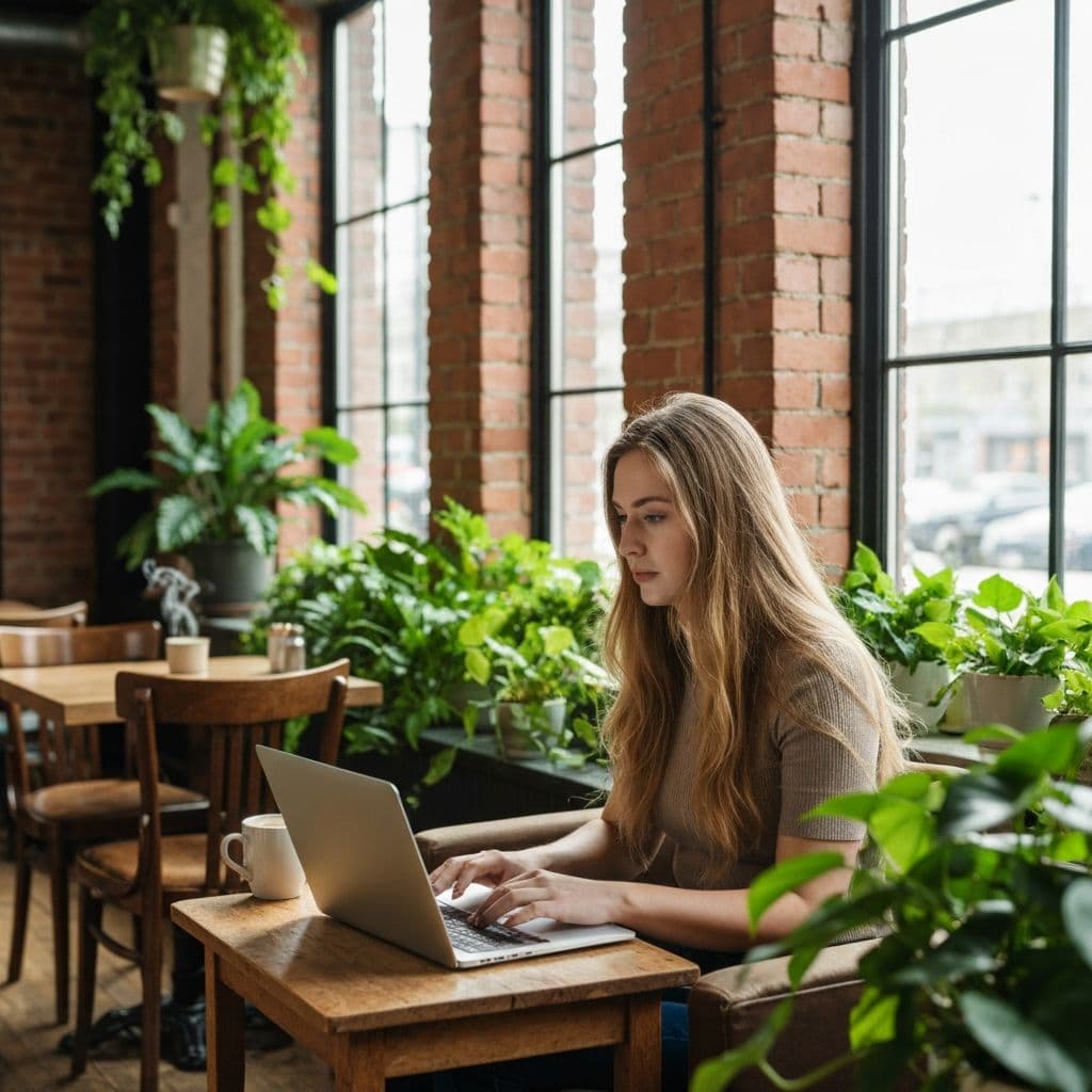 Osoba pracująca na laptopie w klimatycznej kawiarni podczas workation - praca zdalna z podróży