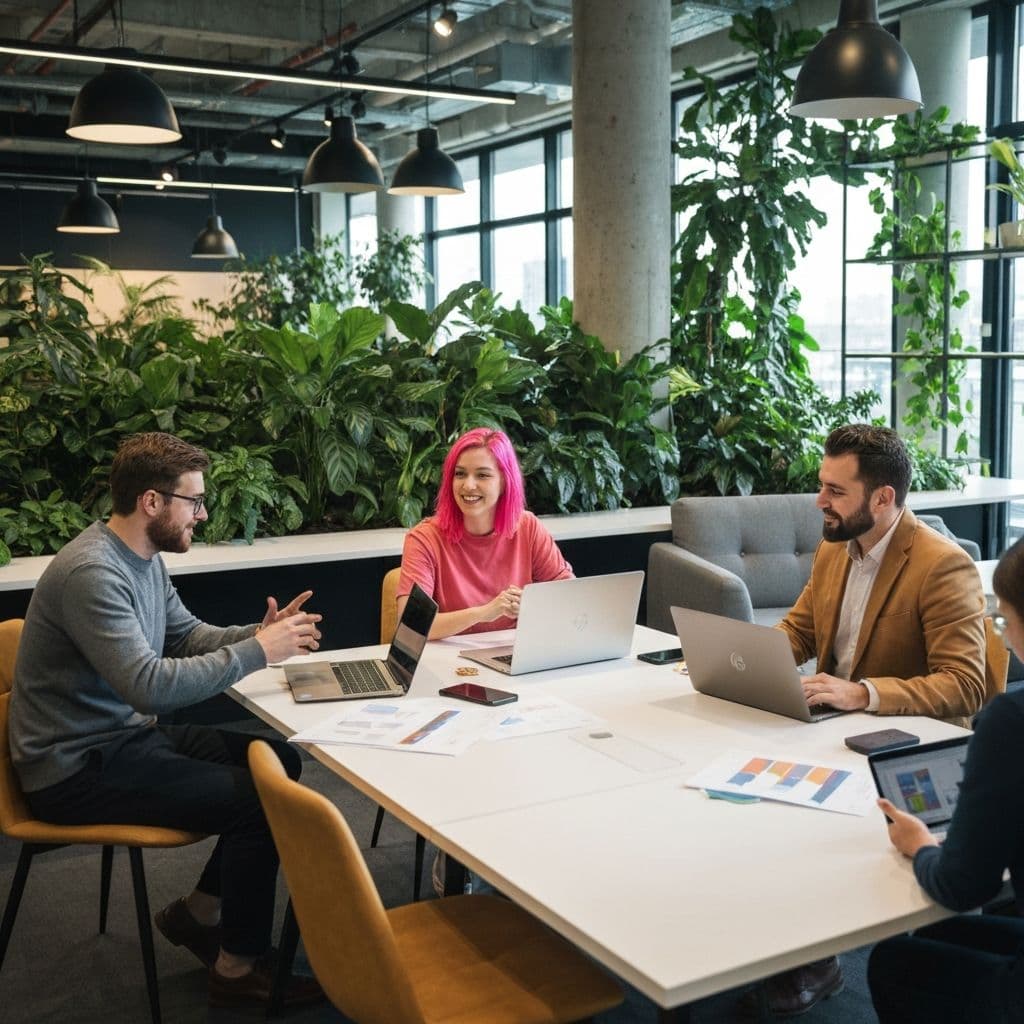 Zespół pracujący razem w nowoczesnej przestrzeni coworkingowej podczas wyjazdu workation